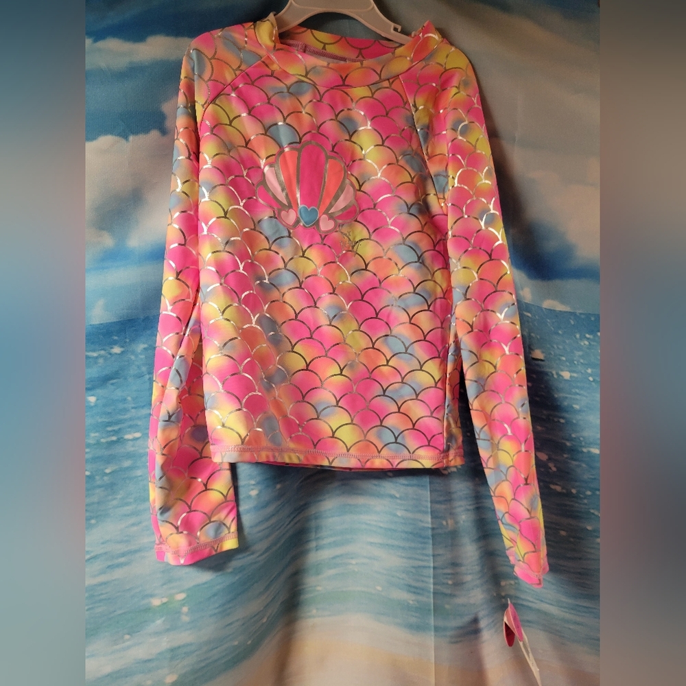 Betsy Johnson NWT Colorful Mermaid Scale Kids Swim Top Rash Guard Size 14 Girls